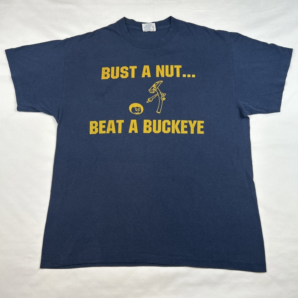 VTG Michigan T Shirt Bust A Nut Beat A Buckeye Single Stitch USA Hef-T Tee Jays